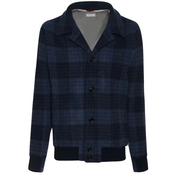 Brunello Cucinelli Navy and Light Blue Wool Blend Plaid Jacket - Picture 1 of 11